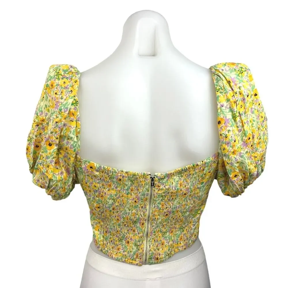 ASTR Paola Yellow Floral Print Smocked Sweetheart Puff Sleeve Crop Top Size L